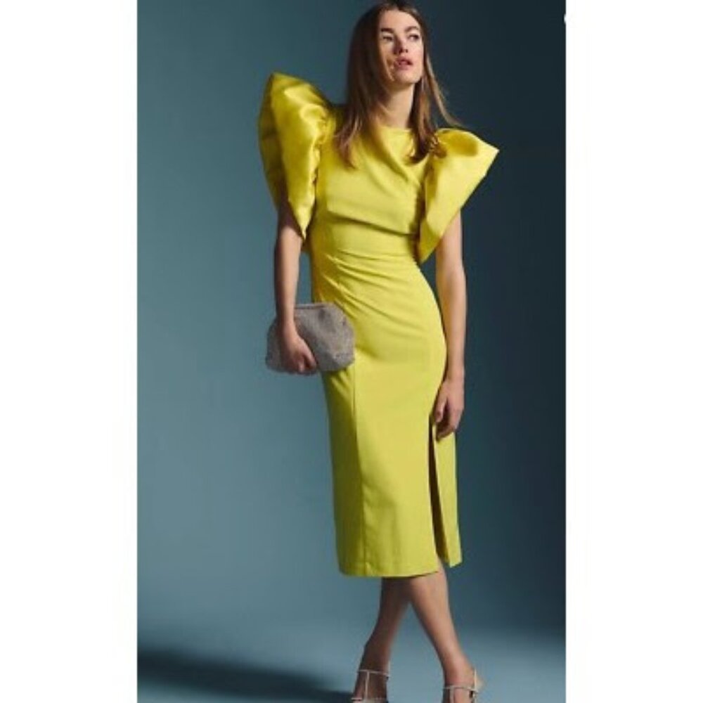 NWT Hutch Puff Sleeve Slim Midi Cocktail Dress Chartreuse
